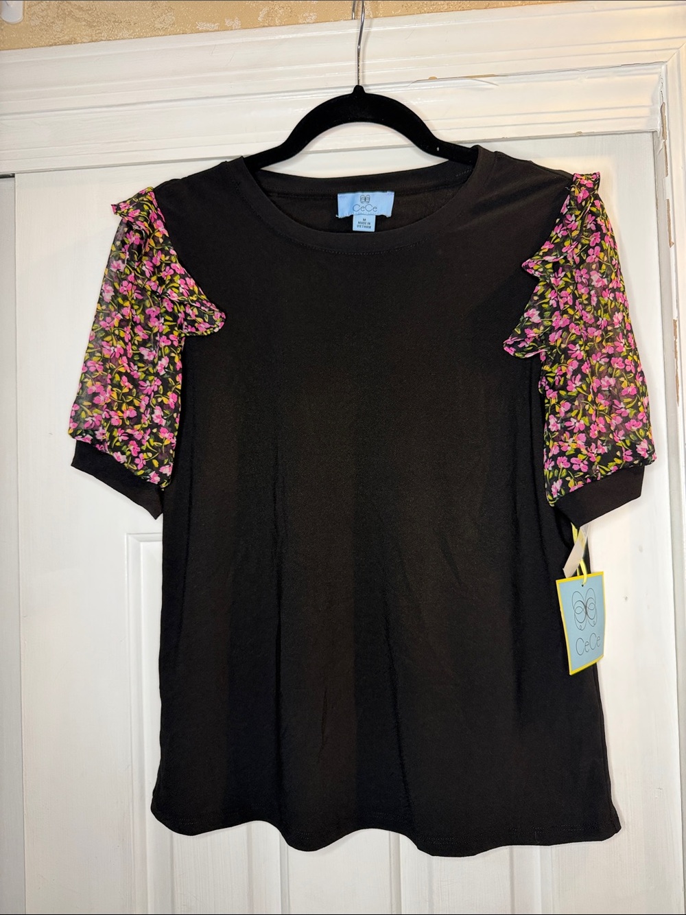 CeCe Black Tee with Pink Floral Ruffle Sleeves